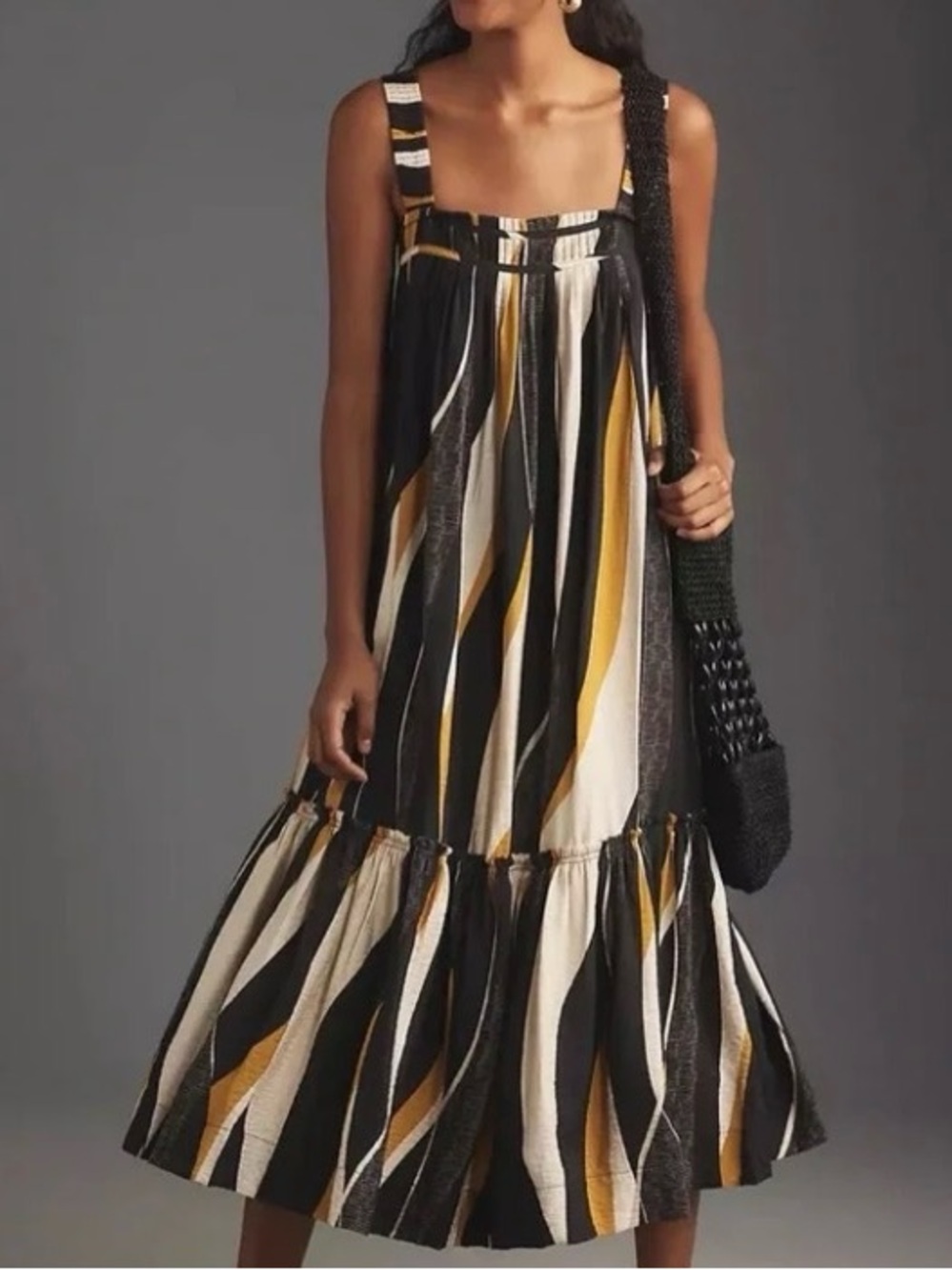 ANTHROPOLOGY Square-Neck Midi Dress Relaxed Black Gold Stripe XS MSRP $168 NWT
